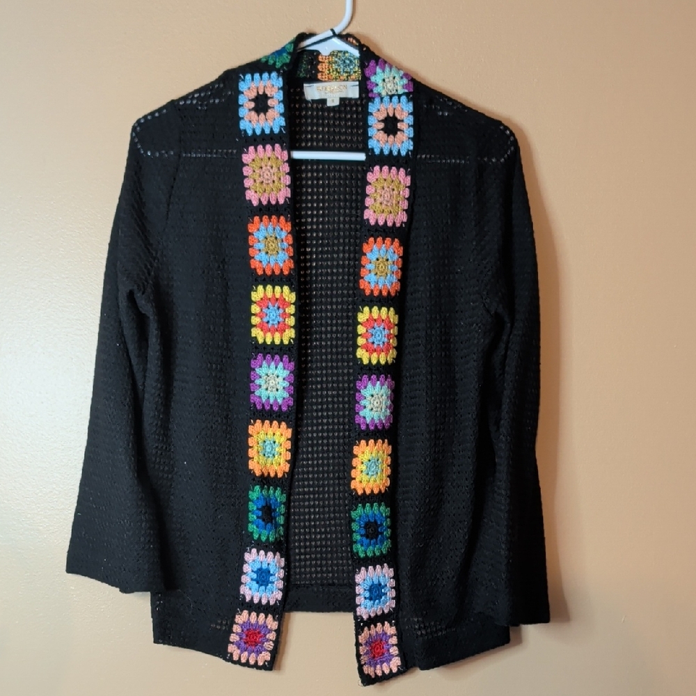 Rebellion Again Black Granny Square Crochet Open Knit Cardigan Size Small